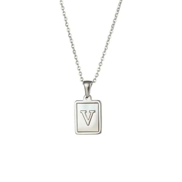 Square Natural Shell Initial Letters Pendant Chain Necklace 18K Golden Jewelry