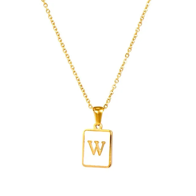 Square Natural Shell Initial Letters Pendant Chain Necklace 18K Golden Jewelry