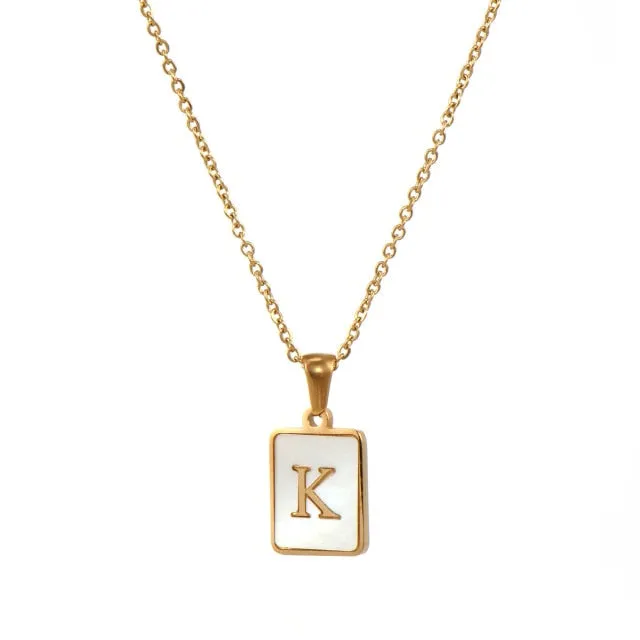 Square Natural Shell Initial Letters Pendant Chain Necklace 18K Golden Jewelry
