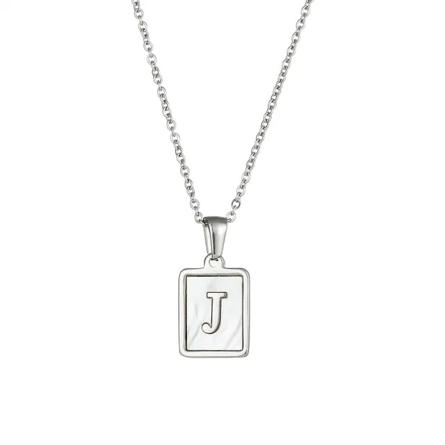 Square Natural Shell Initial Letters Pendant Chain Necklace 18K Golden Jewelry
