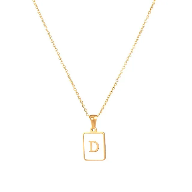 Square Natural Shell Initial Letters Pendant Chain Necklace 18K Golden Jewelry