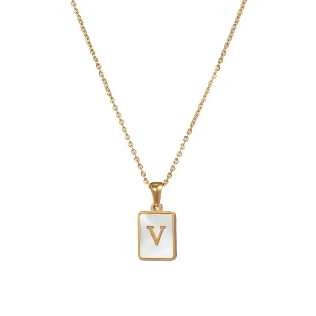 Square Natural Shell Initial Letters Pendant Chain Necklace 18K Golden Jewelry