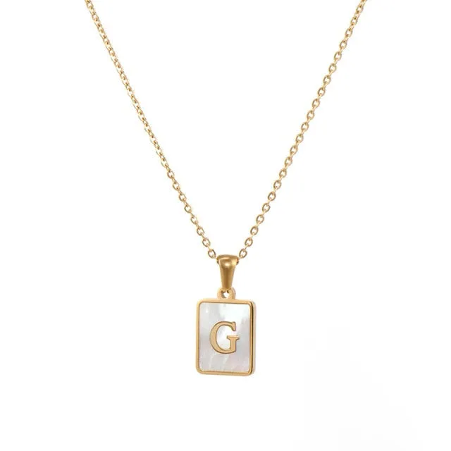 Square Natural Shell Initial Letters Pendant Chain Necklace 18K Golden Jewelry