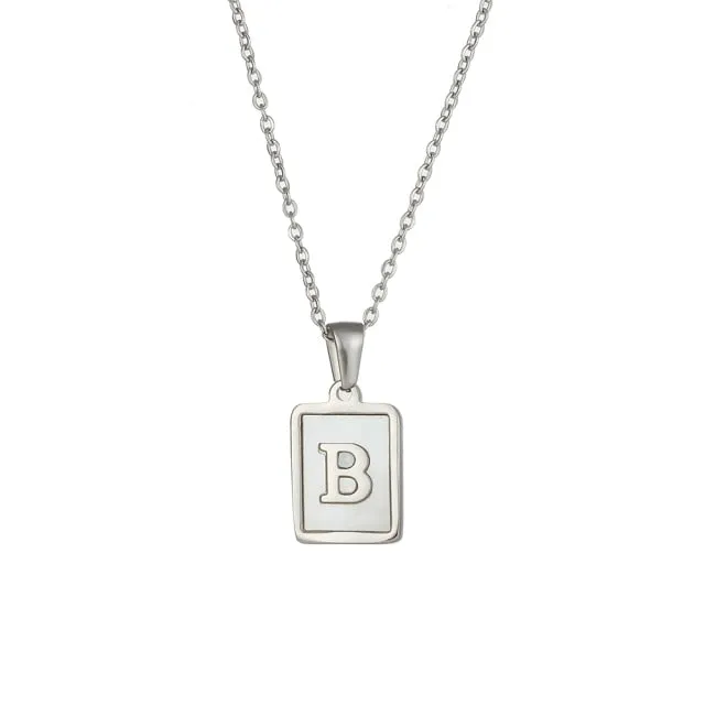 Square Natural Shell Initial Letters Pendant Chain Necklace 18K Golden Jewelry