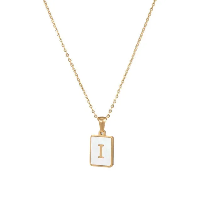 Square Natural Shell Initial Letters Pendant Chain Necklace 18K Golden Jewelry