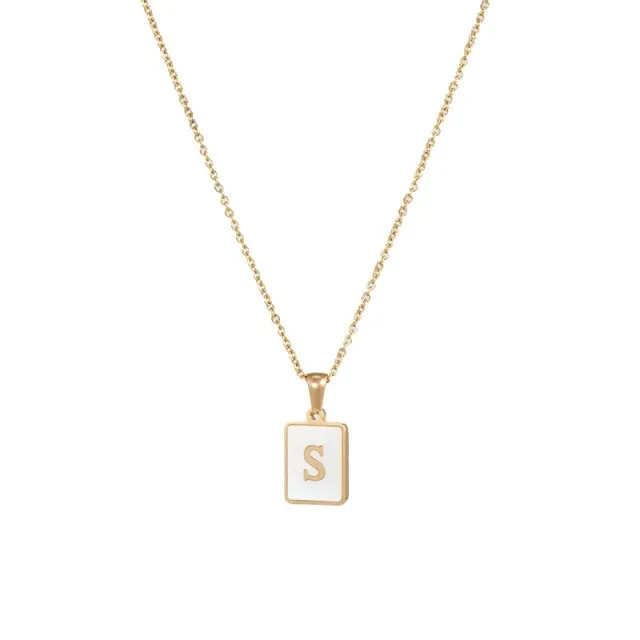 Square Natural Shell Initial Letters Pendant Chain Necklace 18K Golden Jewelry