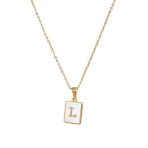 Square Natural Shell Initial Letters Pendant Chain Necklace 18K Golden Jewelry