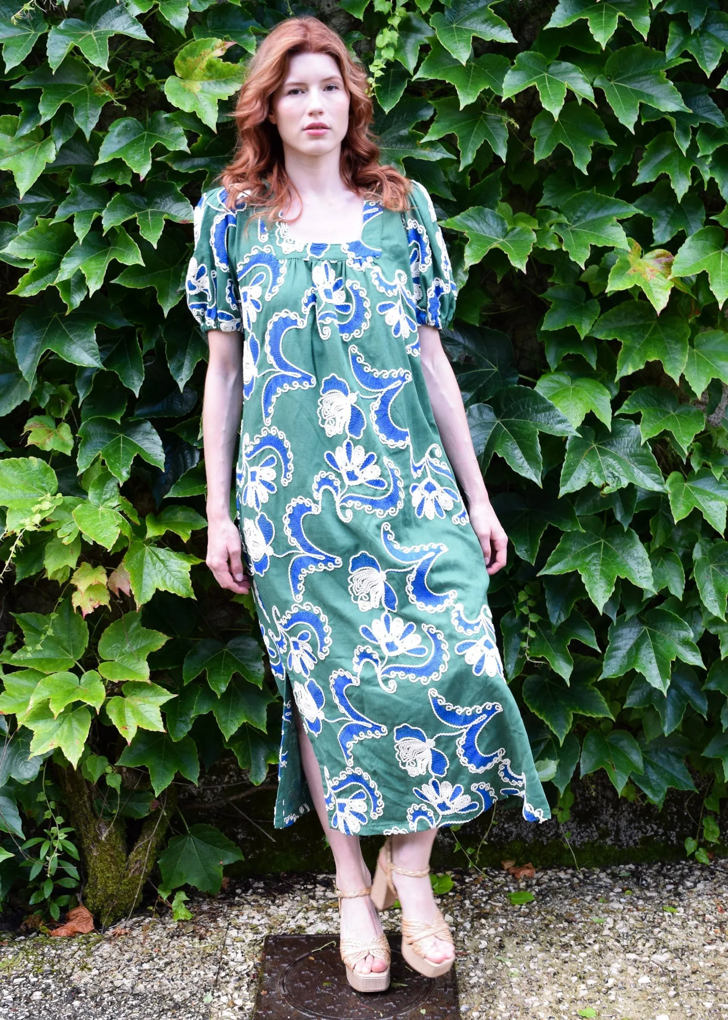 Square Neck Maxi - Crewel Work