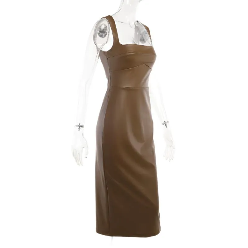 Square Neckline Sleeveless PU Midi Dress