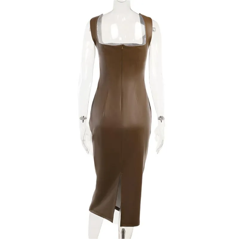Square Neckline Sleeveless PU Midi Dress