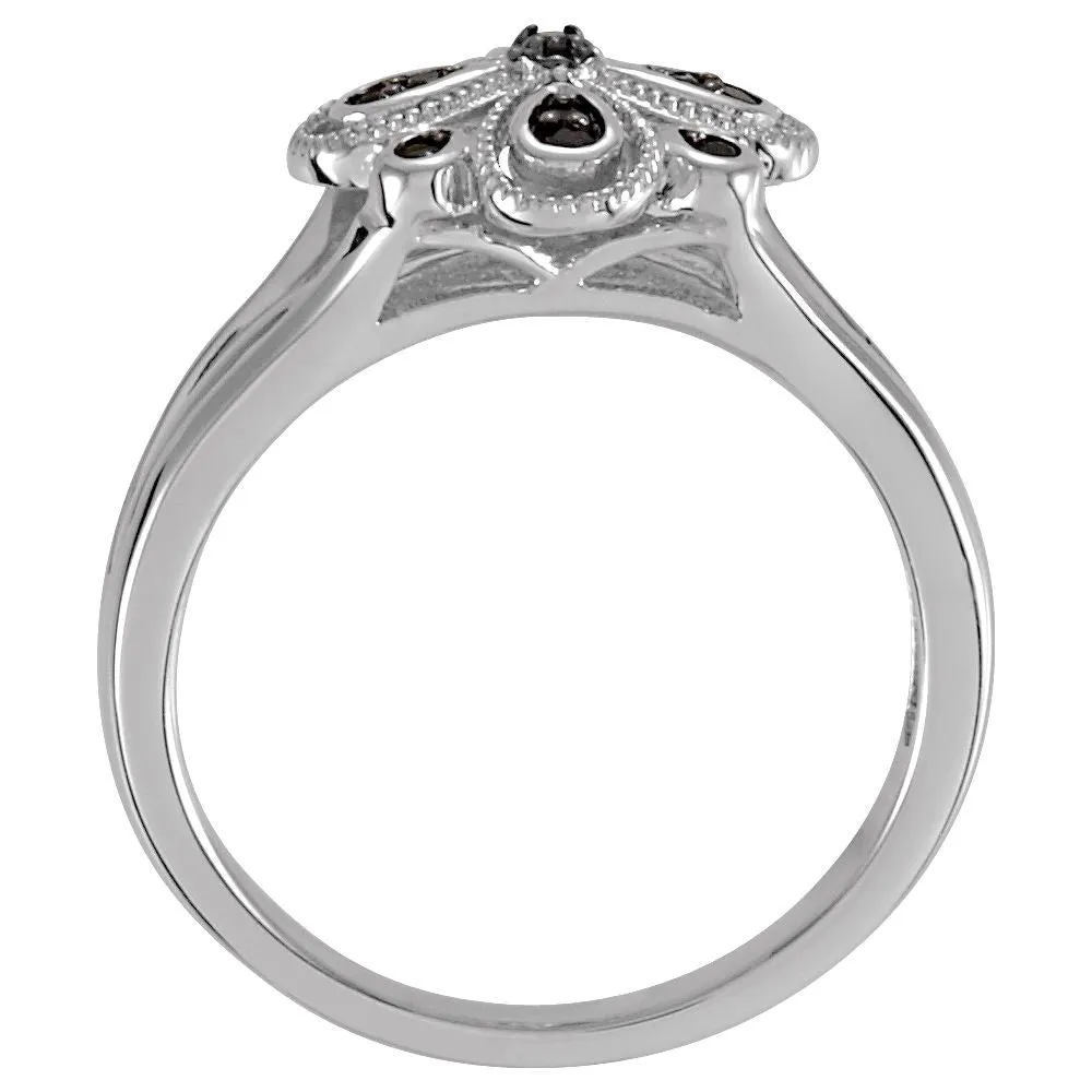 Sterling Silver Floral-Inspired Black Spinel Ring with Split Shank, Size 7
