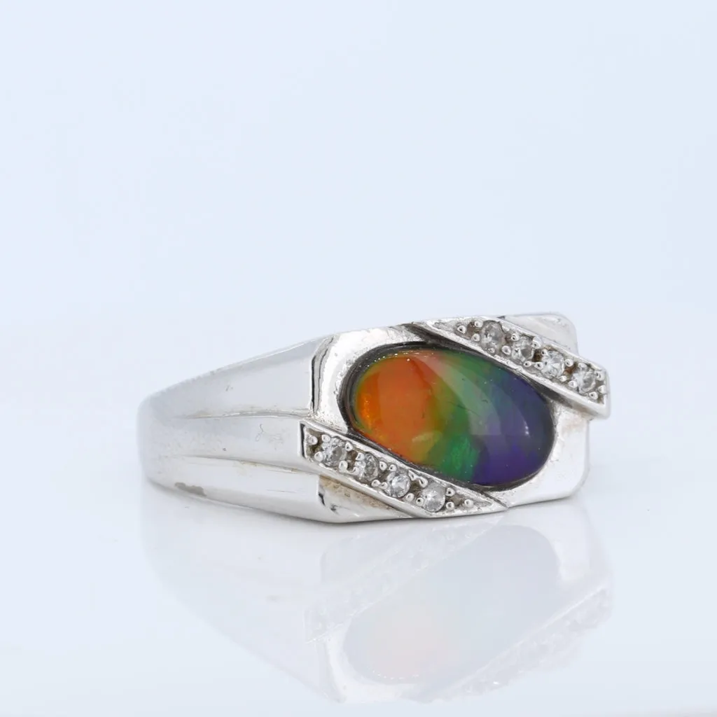 Sterling Silver Men's Ammolite And Cz Ring