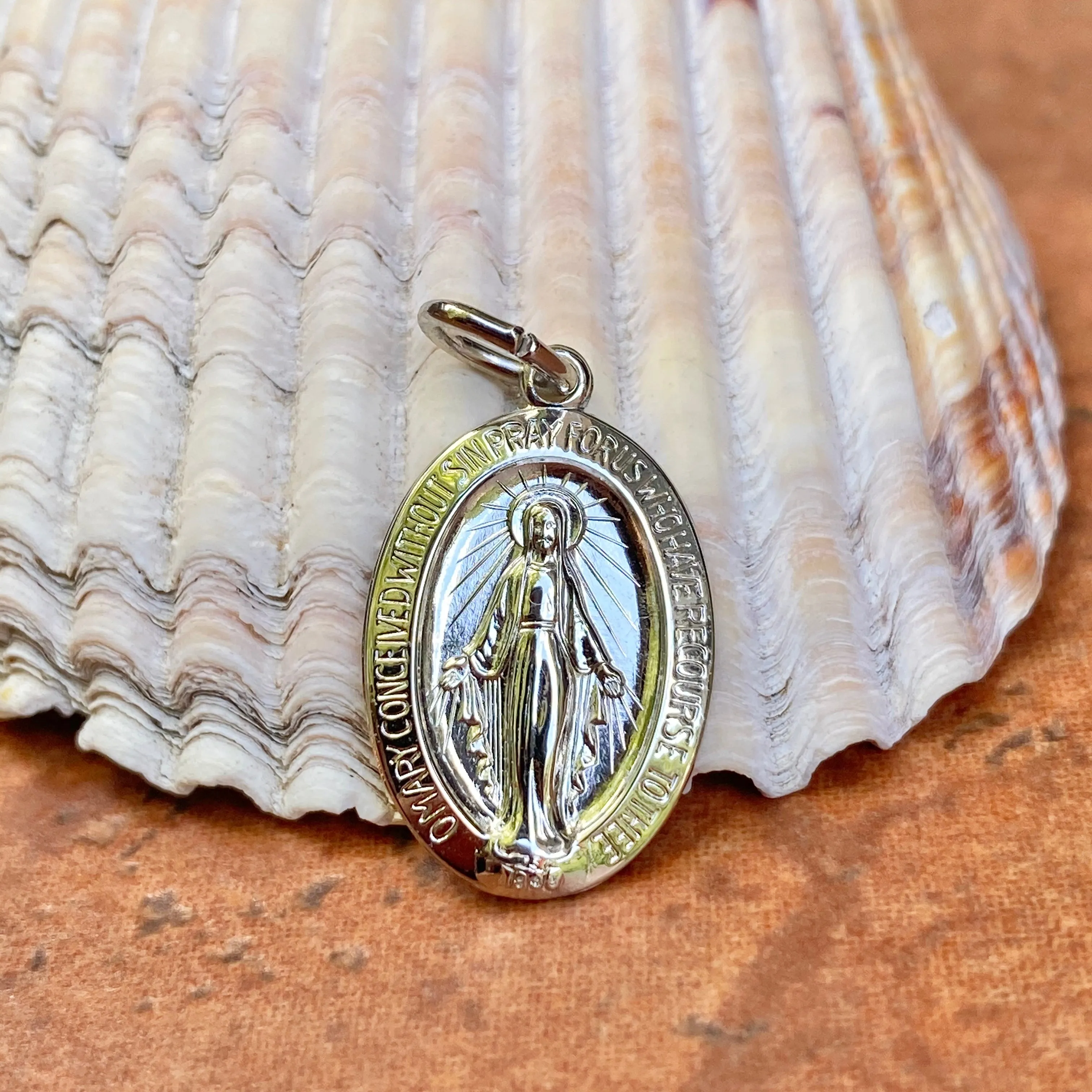 Sterling Silver Polished Oval Miraculous Medal Pendant 25mm