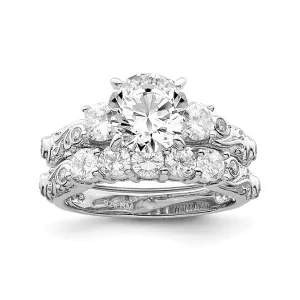 Sterling Silver Rhodium Plated CZ Three Stone Wedding Rings Set