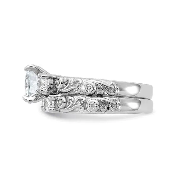 Sterling Silver Rhodium Plated CZ Three Stone Wedding Rings Set