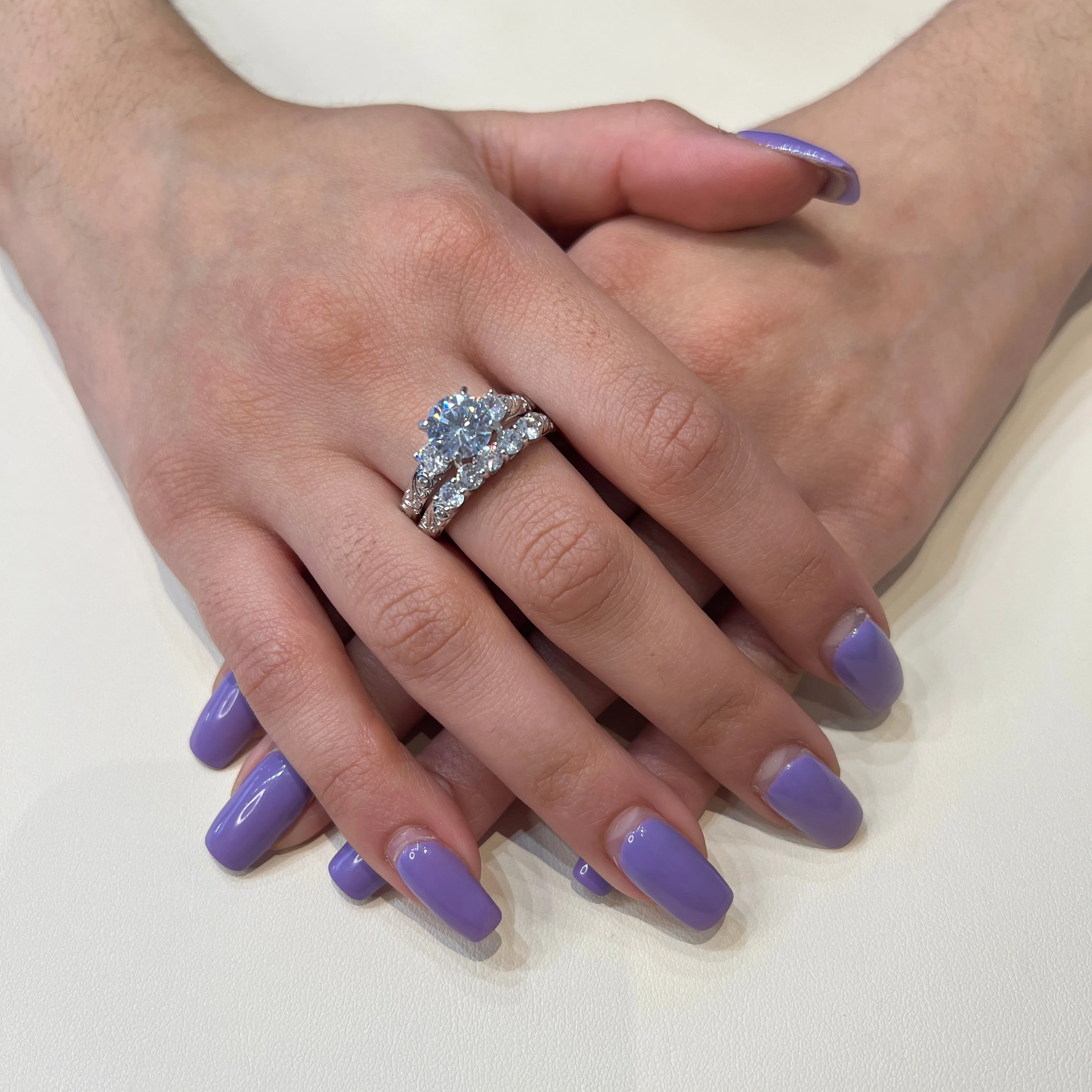 Sterling Silver Rhodium Plated CZ Three Stone Wedding Rings Set