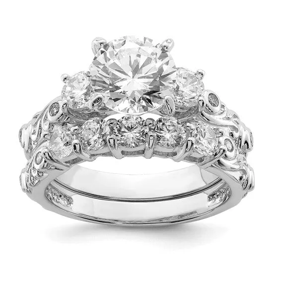 Sterling Silver Rhodium Plated CZ Three Stone Wedding Rings Set