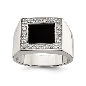 Sterling Silver Rhodium Plated Onyx and CZ Mens Ring