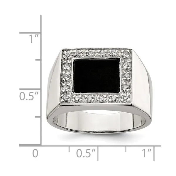 Sterling Silver Rhodium Plated Onyx and CZ Mens Ring