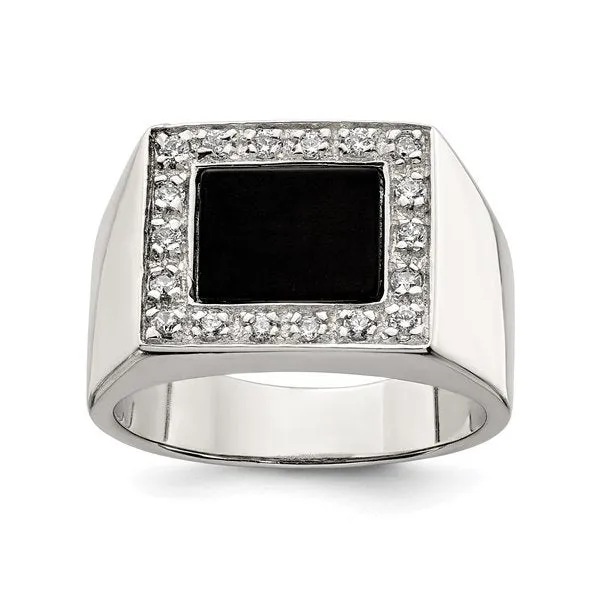 Sterling Silver Rhodium Plated Onyx and CZ Mens Ring