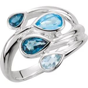 Sterling Silver Sky Blue Topaz, London Blue Topaz & Swiss Blue Bypass Ring