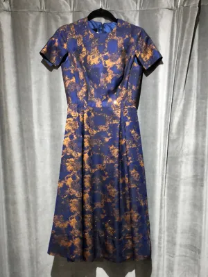 Stogova Navy Short Sleeve Midi Fit and Flare Dress with Rhinestones