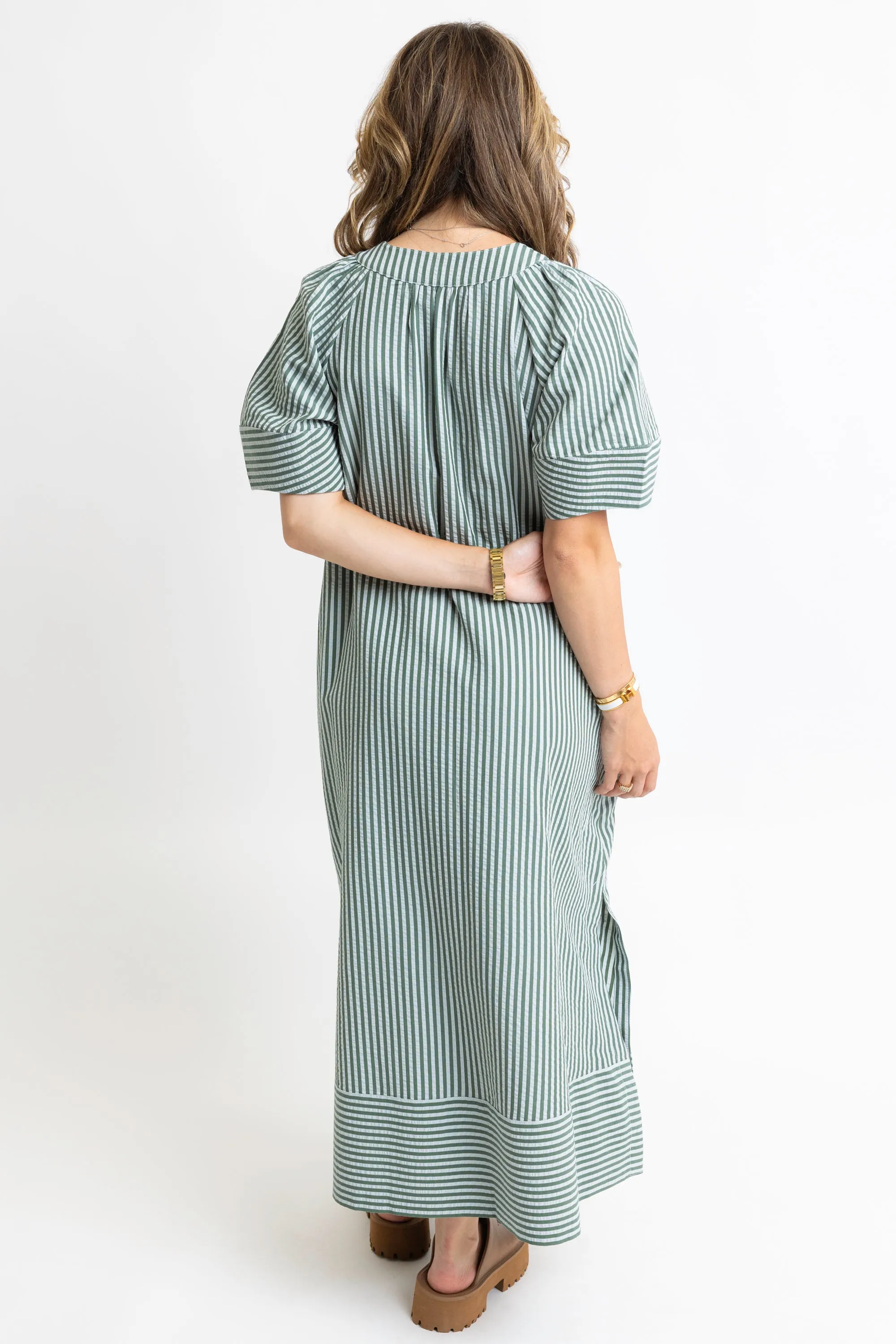 Stripe V-Neck Puff Sleeve Maxi Dress