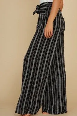 Stripe Wide Leg Front Tie Pants