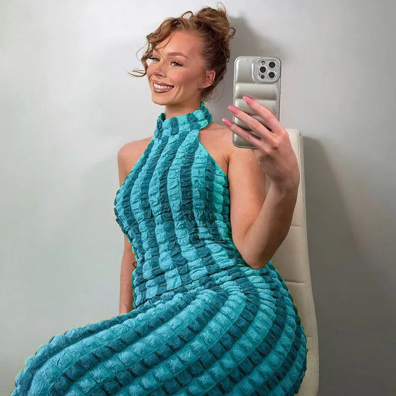 Striped High Neck Sleeveless Bodycon Maxi Dress - Blue