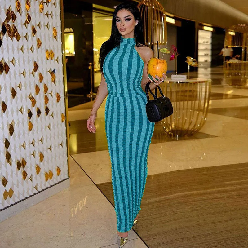 Striped High Neck Sleeveless Bodycon Maxi Dress - Blue