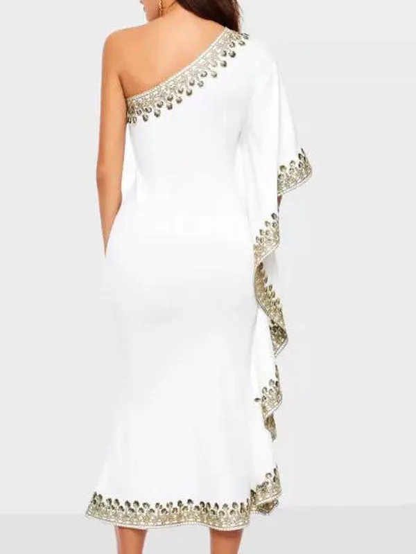 Summer Fashion Lace Appliqué Ruffled Dress Slant Shoulder Sexy Evening Dress Women Gown