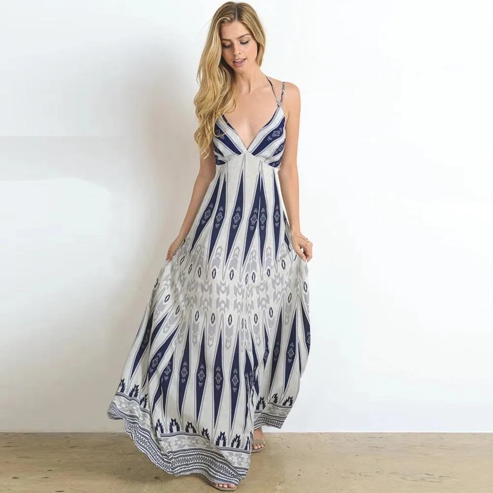 Summer Women V Neck Backless Long Maxi Dresses