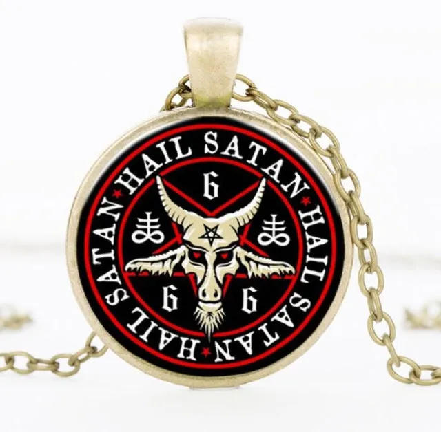 SUTEYI Vintage Bronze Pentagram Necklace Red Goat Head Glass Dome Pendant Baphomet Necklaces For Mens Satanism Gothic Jewelry