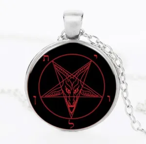 SUTEYI Vintage Bronze Pentagram Necklace Red Goat Head Glass Dome Pendant Baphomet Necklaces For Mens Satanism Gothic Jewelry