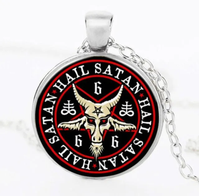 SUTEYI Vintage Bronze Pentagram Necklace Red Goat Head Glass Dome Pendant Baphomet Necklaces For Mens Satanism Gothic Jewelry