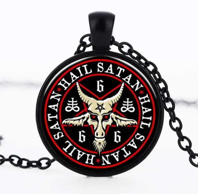 SUTEYI Vintage Bronze Pentagram Necklace Red Goat Head Glass Dome Pendant Baphomet Necklaces For Mens Satanism Gothic Jewelry