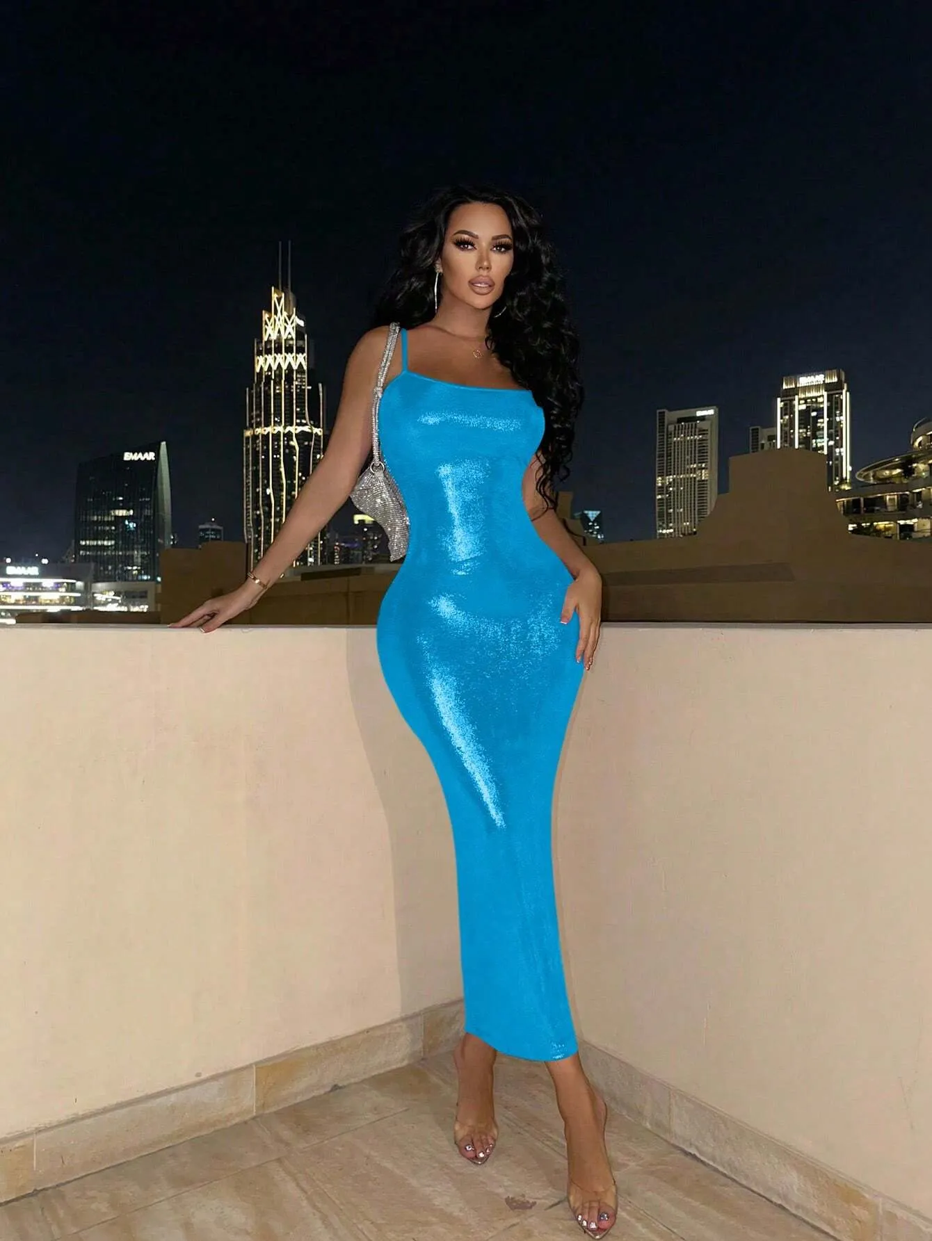 SXY Glossy Fit And Flare Spaghetti Strap Dress