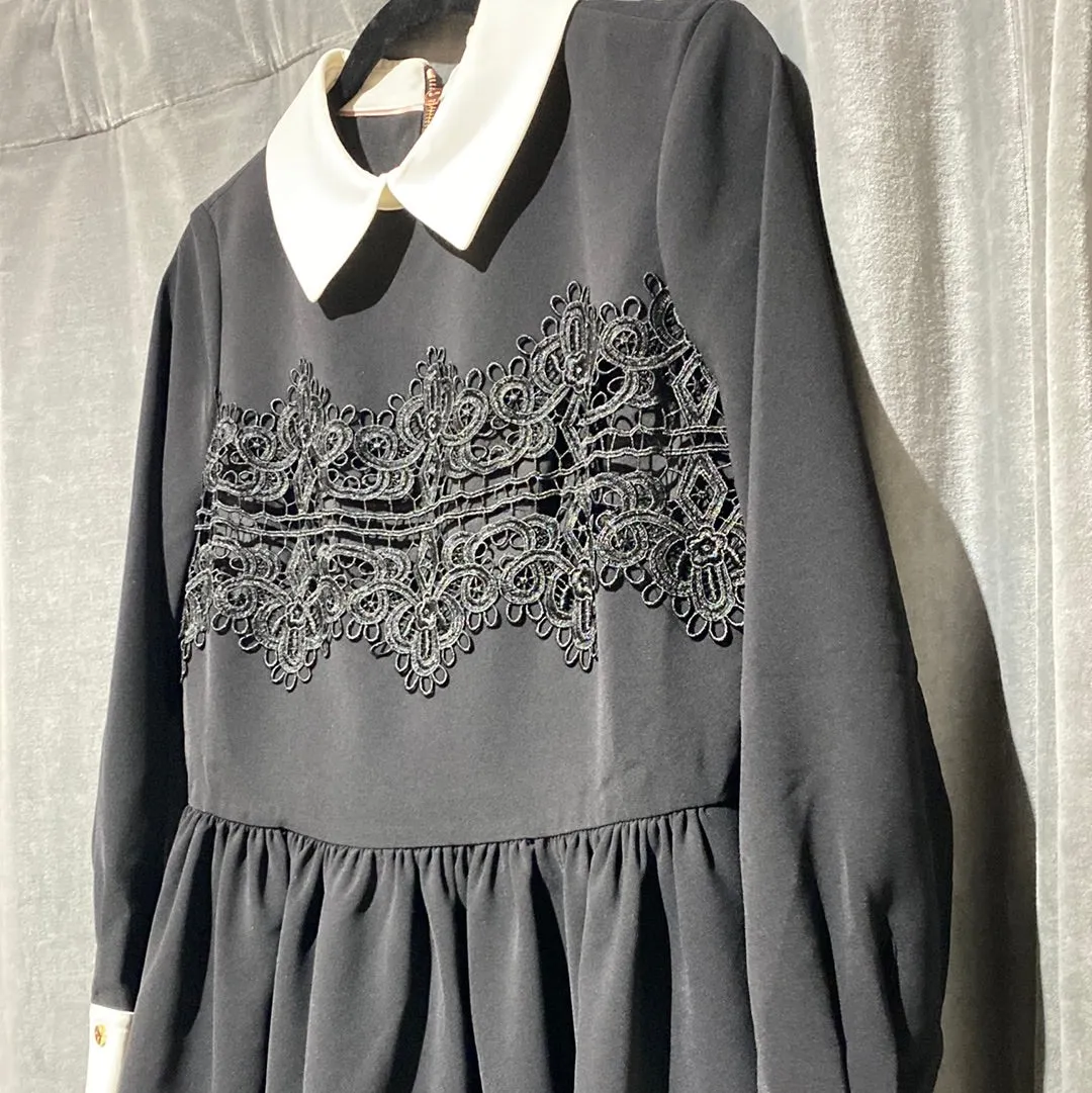 Ted Baker Black Long Sleeve Dress with White Collar Flare
