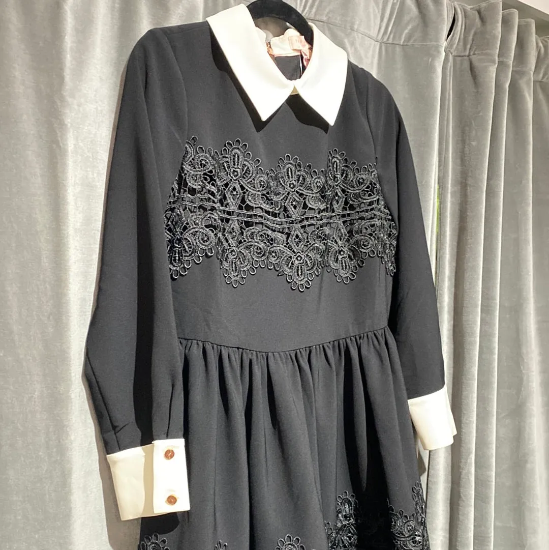 Ted Baker Black Long Sleeve Dress with White Collar Flare