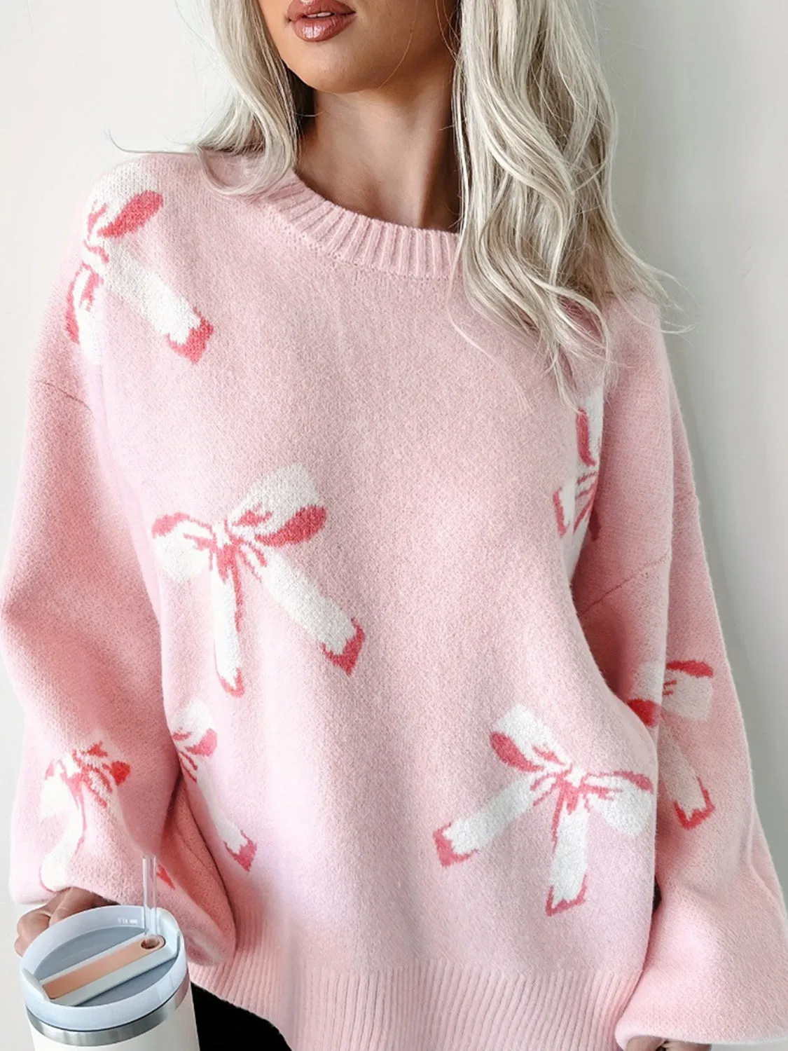 Tellie Bow Round Neck Long Sleeve Sweater