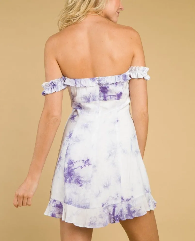 Tie Dye Off The Shoulder Fit Flare Ruffle Mini Dress
