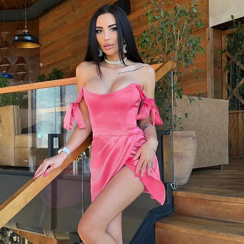 Tie Strap Ruched Wrap Trim Bodycon Mini Dress - Pink
