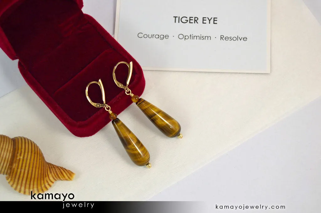TIGER EYE EARRINGS - Long Drop Ear Rings for Women - Yellow Teardrop Pendant - 14K Gold Filled Leverback