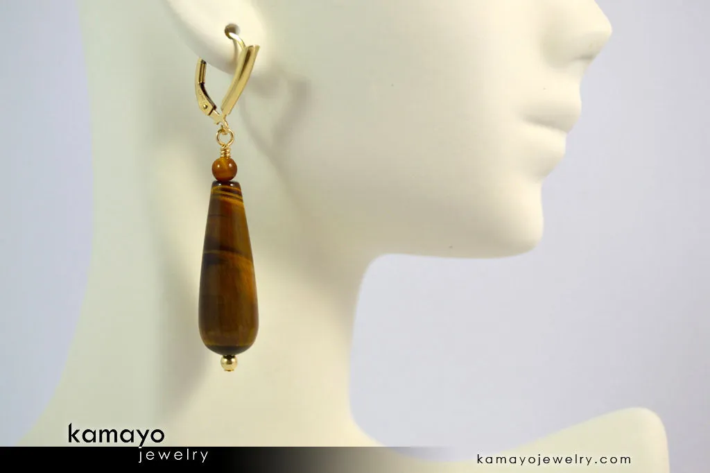 TIGER EYE EARRINGS - Long Drop Ear Rings for Women - Yellow Teardrop Pendant - 14K Gold Filled Leverback