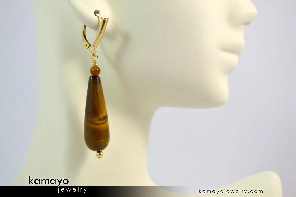 TIGER EYE EARRINGS - Long Drop Ear Rings for Women - Yellow Teardrop Pendant - 14K Gold Filled Leverback