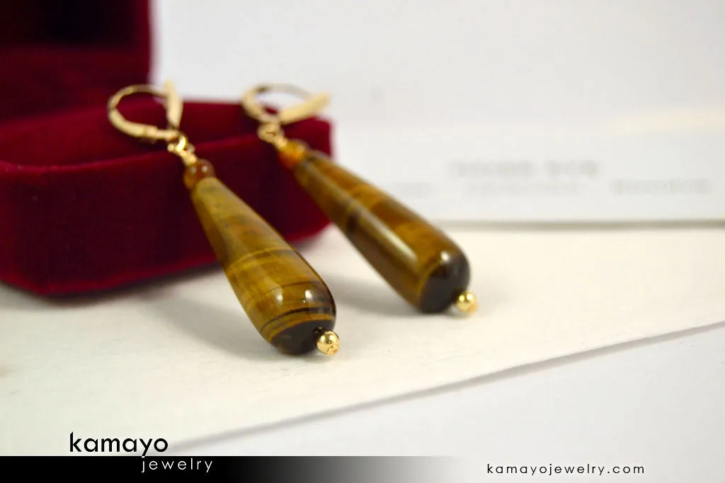 TIGER EYE EARRINGS - Long Drop Ear Rings for Women - Yellow Teardrop Pendant - 14K Gold Filled Leverback
