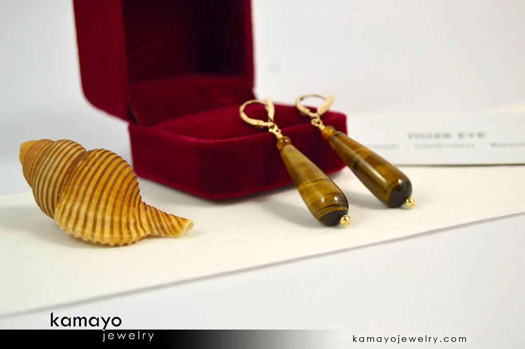 TIGER EYE EARRINGS - Long Drop Ear Rings for Women - Yellow Teardrop Pendant - 14K Gold Filled Leverback