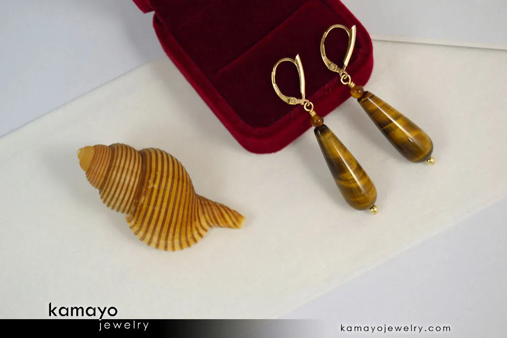 TIGER EYE EARRINGS - Long Drop Ear Rings for Women - Yellow Teardrop Pendant - 14K Gold Filled Leverback