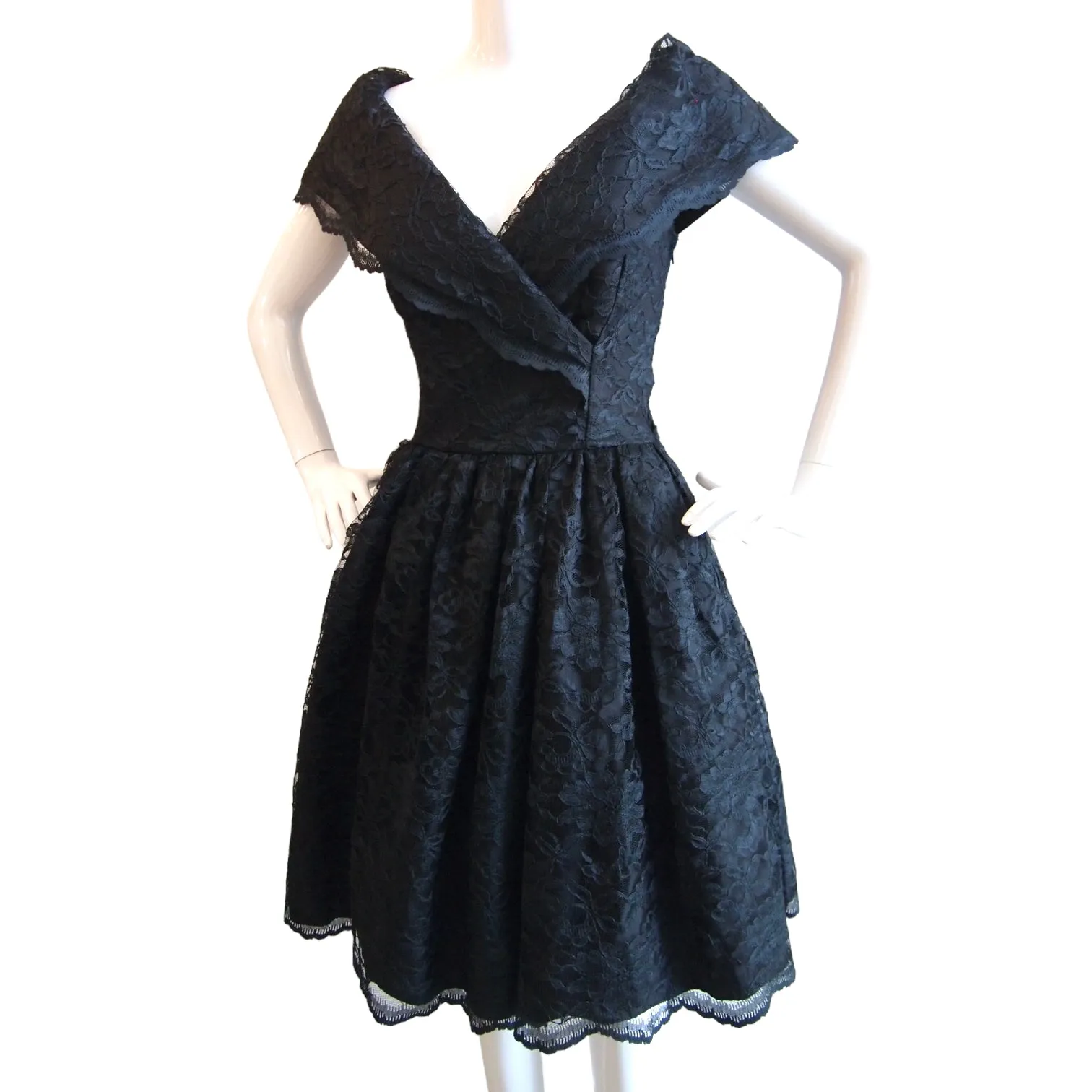 Timeless Classic 1950s Fit Flare Black LAce Off-shoulder Cocktail Evening Dress