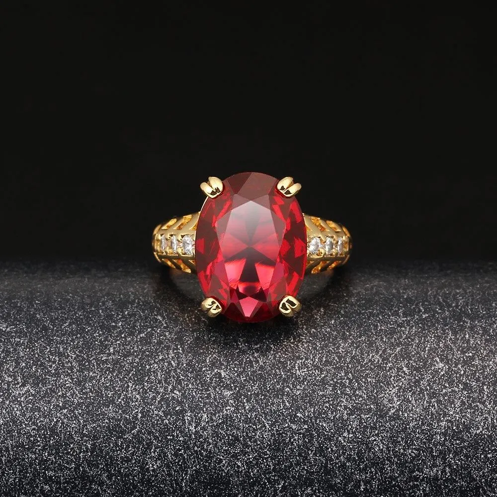 Trendy Copper Gold Color Party Rings for Women with 16mm Broadside Oval Red Stone – Jewelry Gift for Friend 